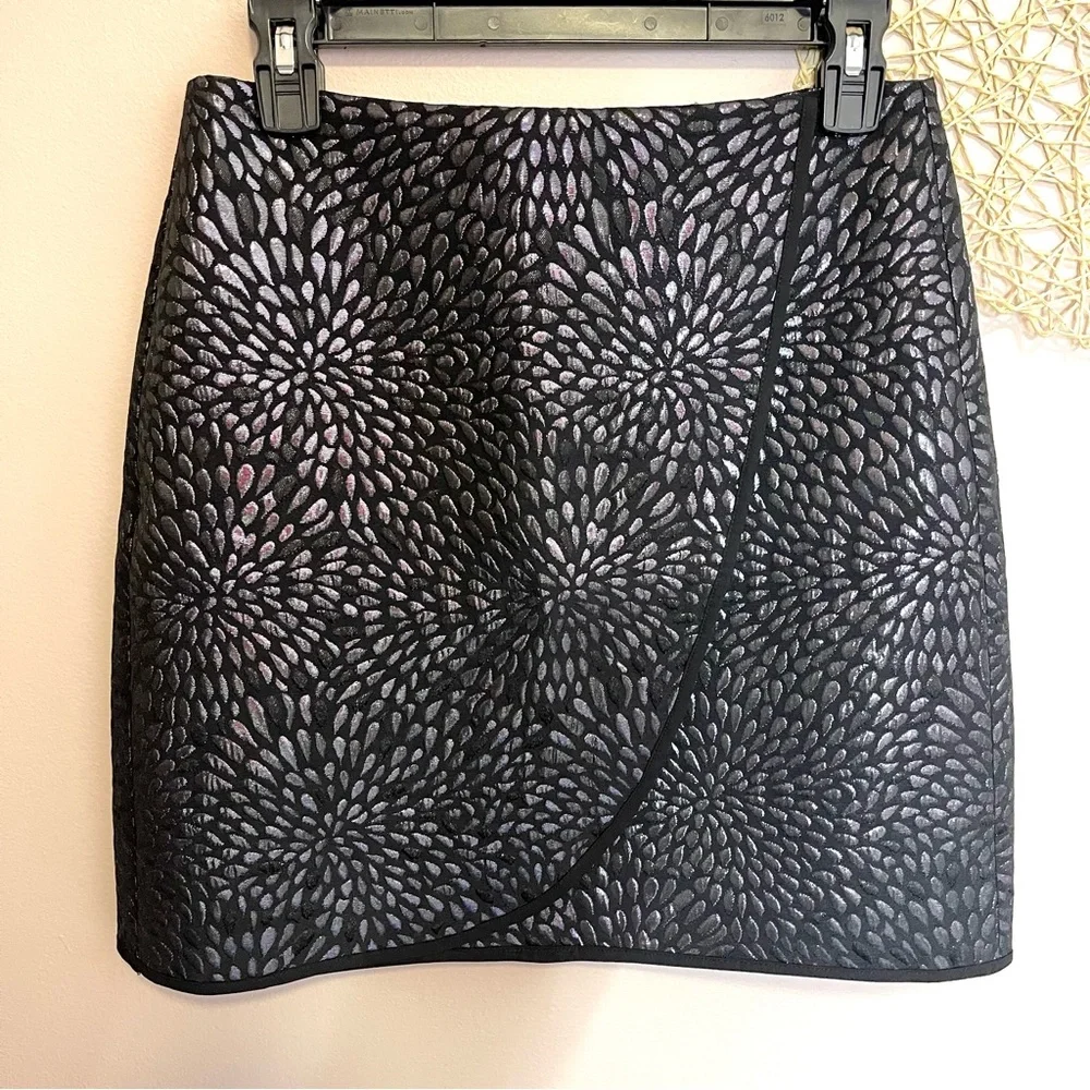 NWT LOFT Metallic Jacquard Embossed Faux Wrap Skirt (black) - 2